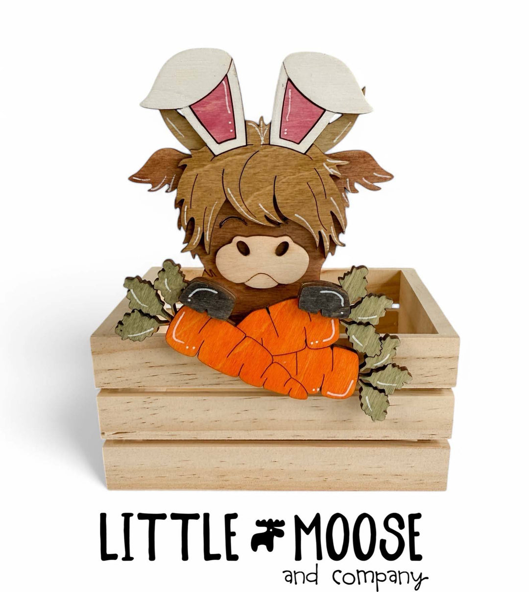 highland cow with bunny ears and carrots mug hugger