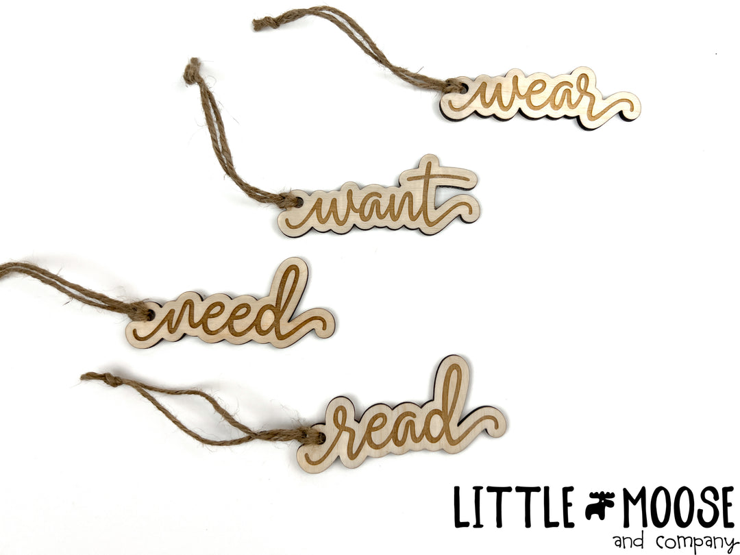 Tags - Want, Need, Wear, Read - script