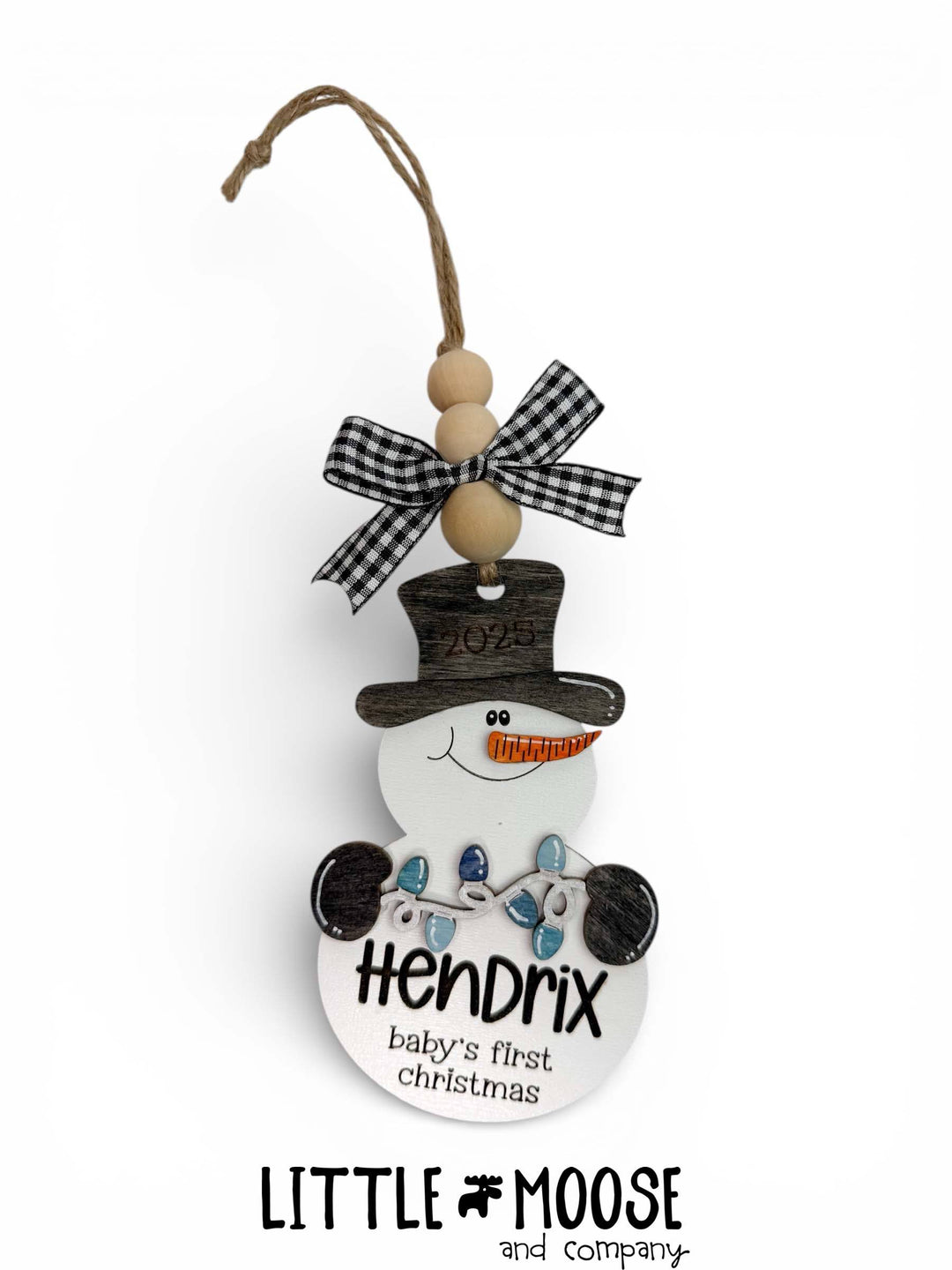 Ornament - Personalized Baby's First Christmas - Snowman with lights