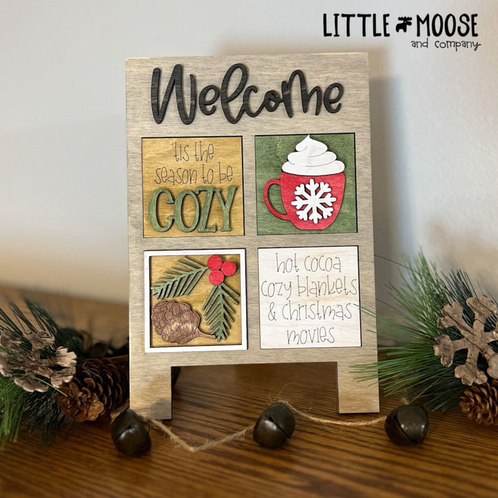 Welcome Sandwich Board Gift Set - frame and 4 mini tiles - Cozy Christmas