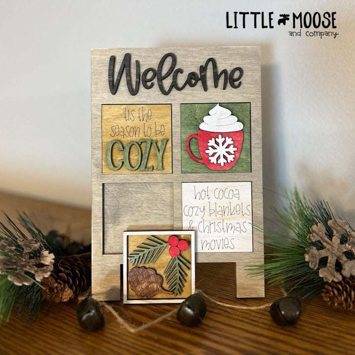 Welcome Sandwich Board Gift Set - frame and 4 mini tiles - Cozy Christmas