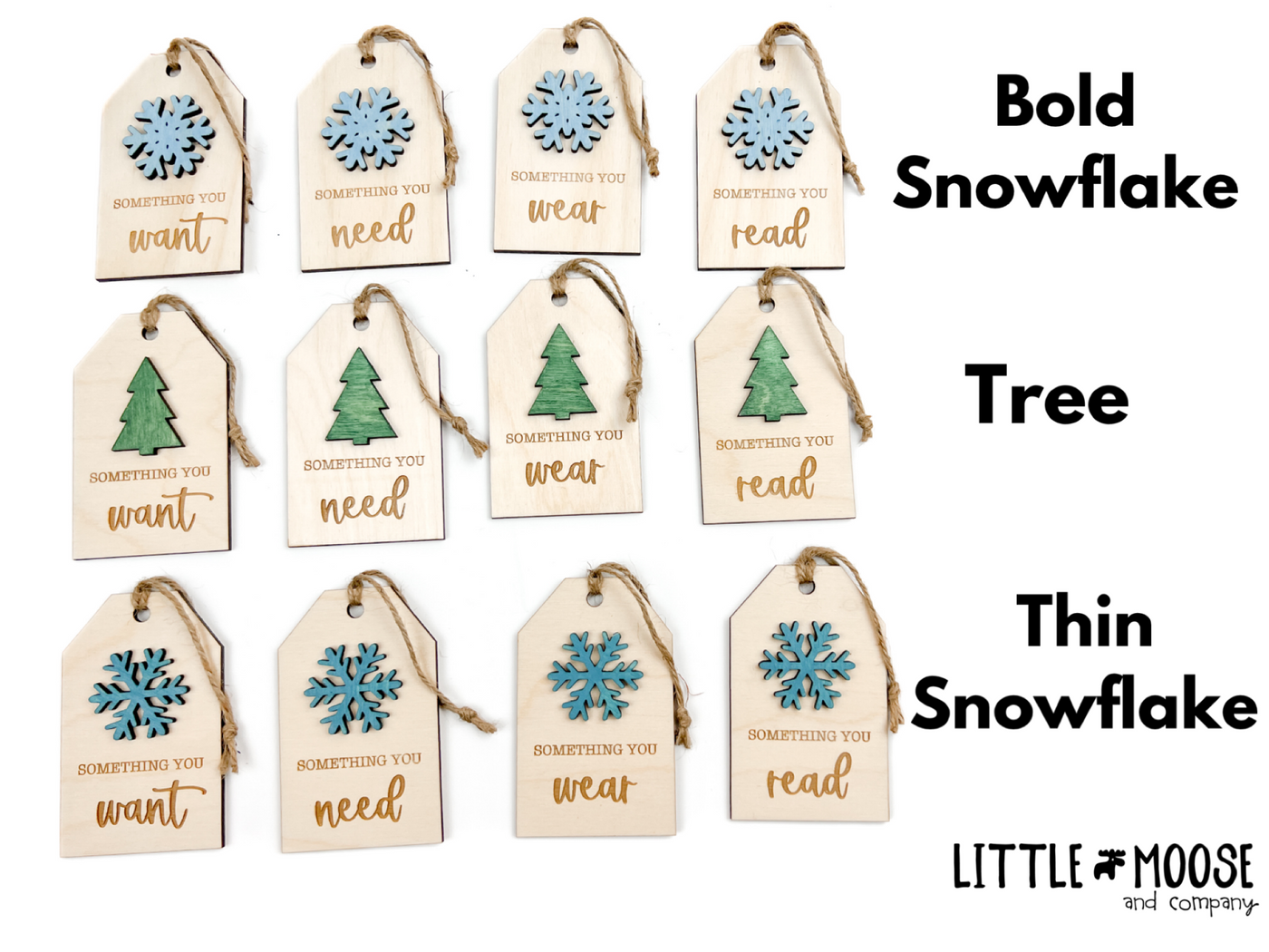 Tags - Want, Need, Wear, Read - snowflake and tree