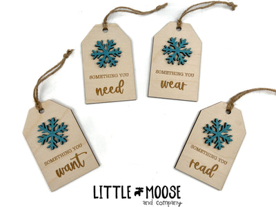 Tags - Want, Need, Wear, Read - snowflake and tree